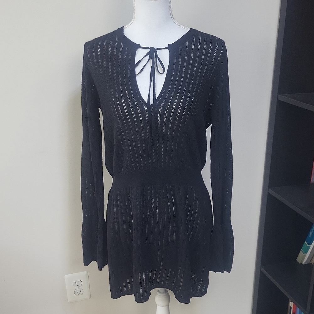 SKIN Black Linen Blend V-Neck Waisted Open Knit Swim Coverup